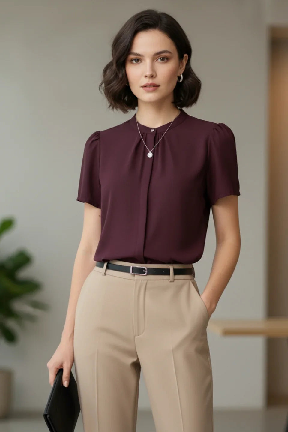 Full view of the stylish Red Moss work top, showcasing the flattering regular fit (June 9 Clothing).