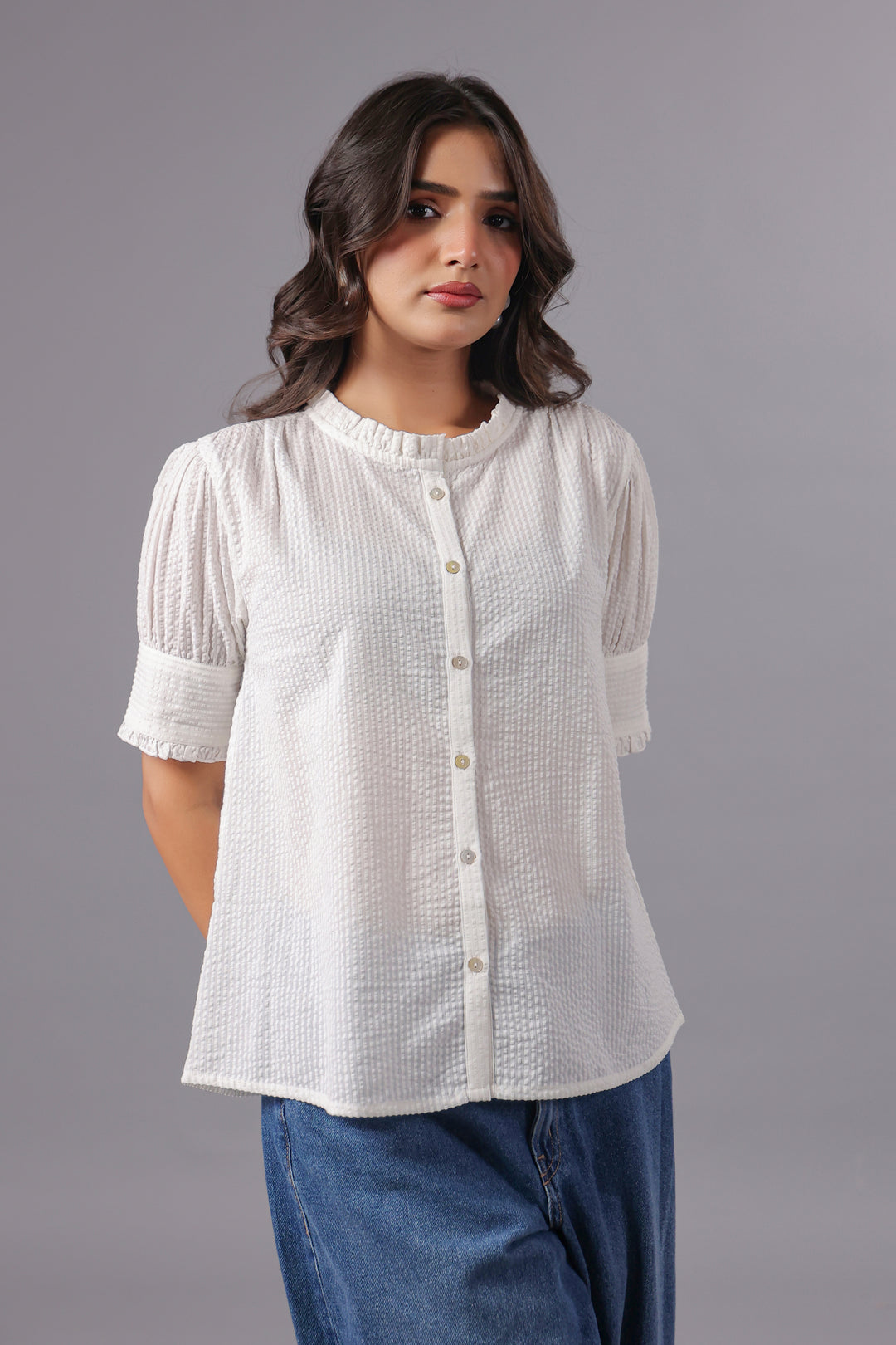 Seersucker White Friled Shirt