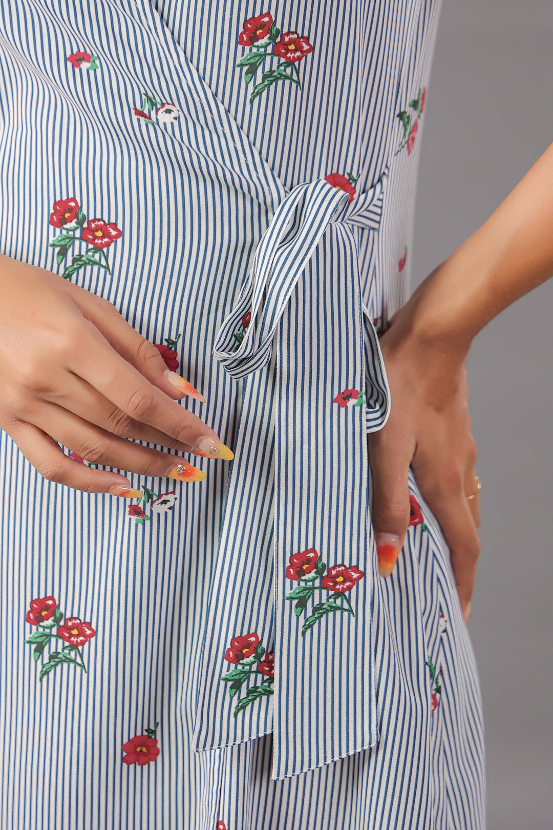 Wrap Mini Dress In Stripe and floral Print