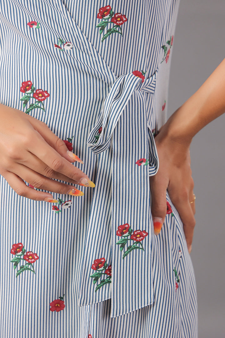 Wrap Mini Dress In Stripe and floral Print