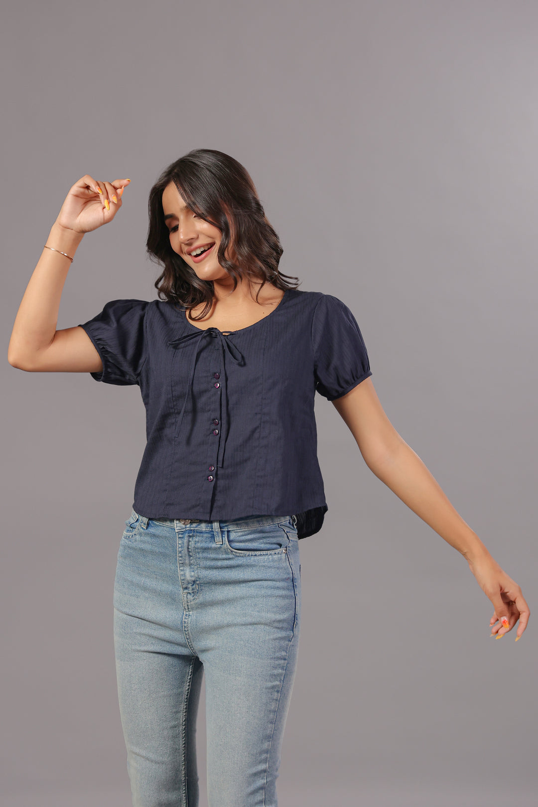 Navy Blue Tie-Neck Button Down Top