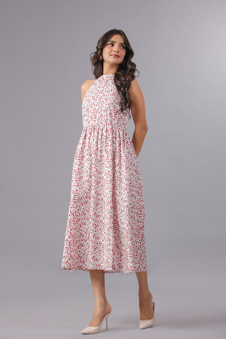 Red Floral Midi Dress With Slit in Ditsy Floral