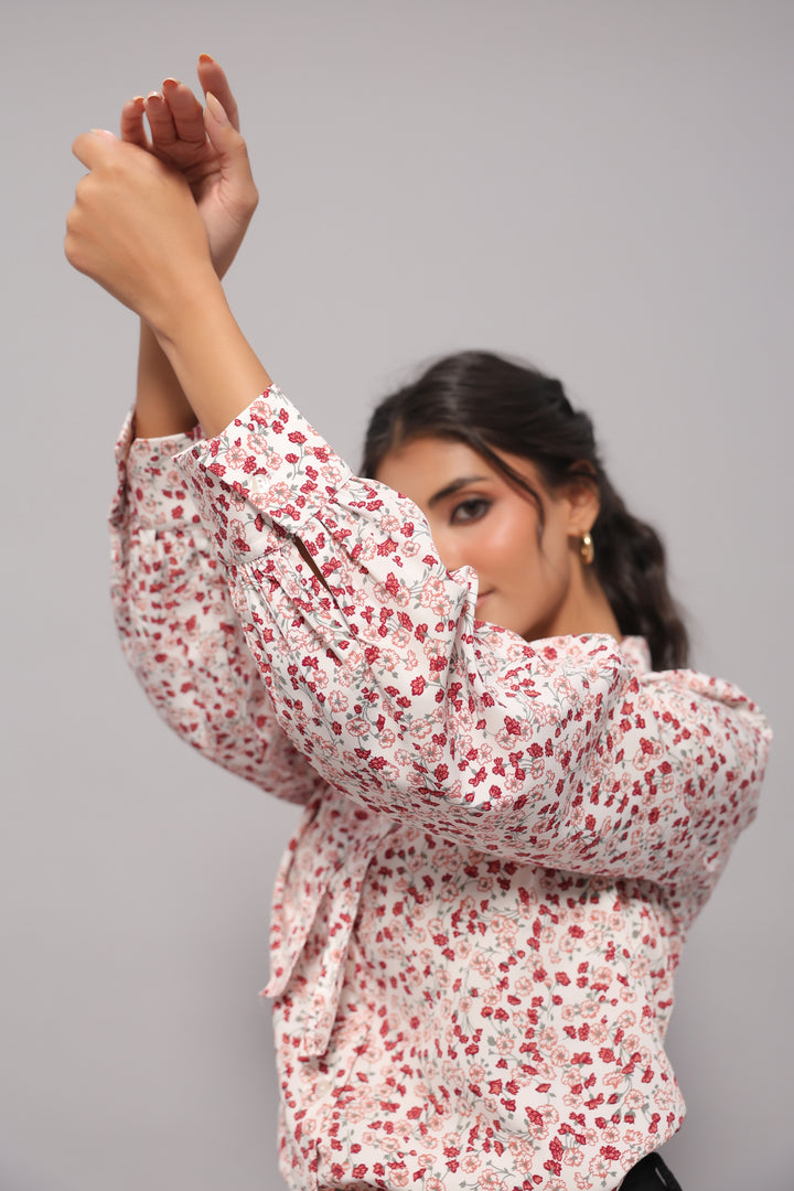 Tie-Neck Shirt In Ditsy Floral Print