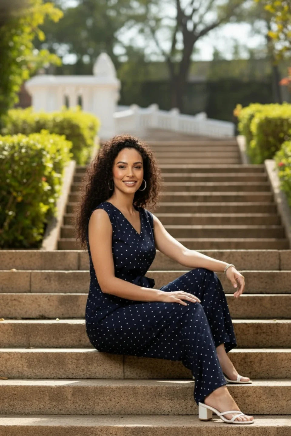 Model posing in a V-neck wide-leg jumpsuit, showcasing the full-length silhouette | June 9 clothing