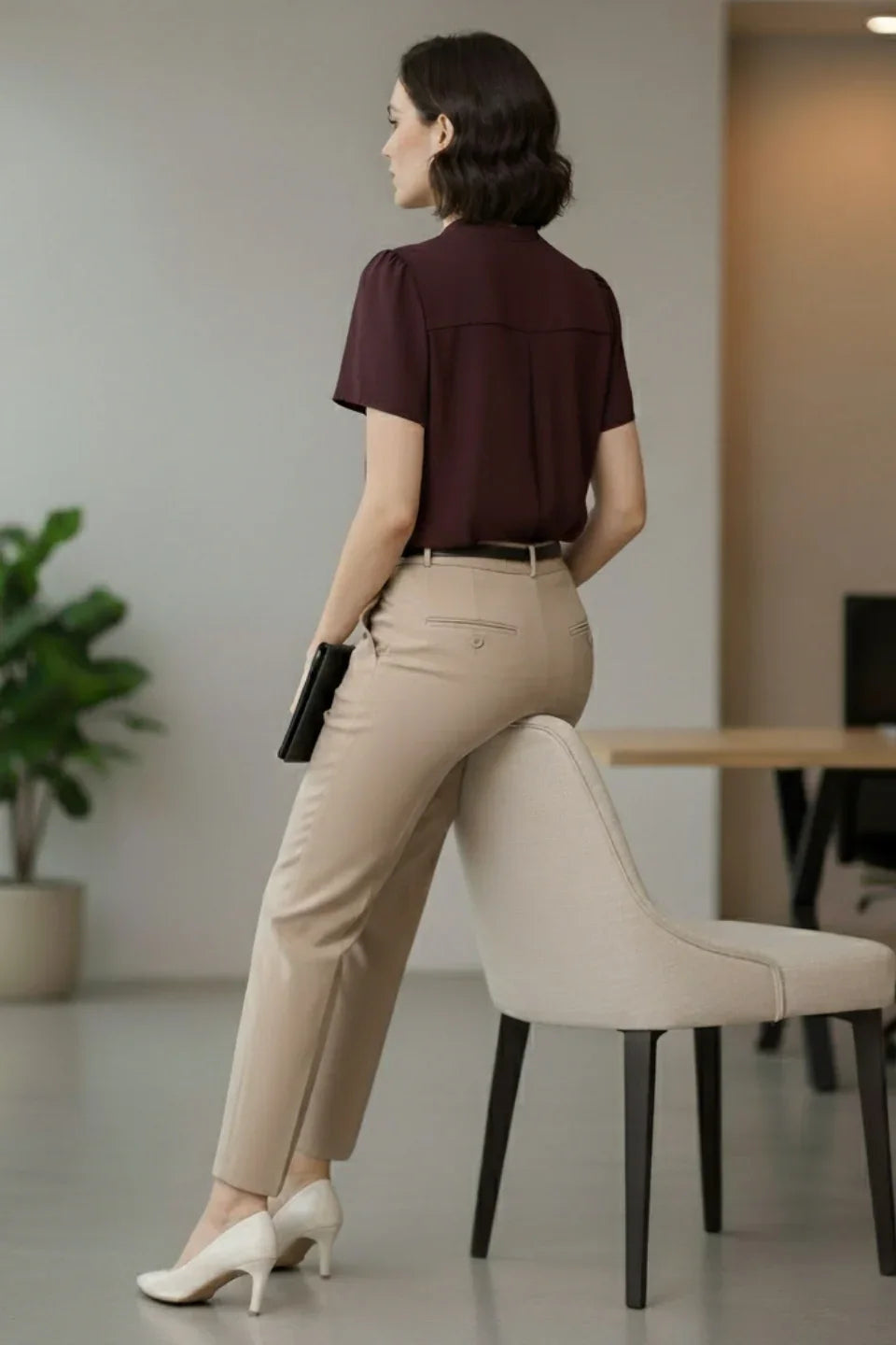 Woman in maroon blouse and beige trousers with white heels, seated in modern office setting