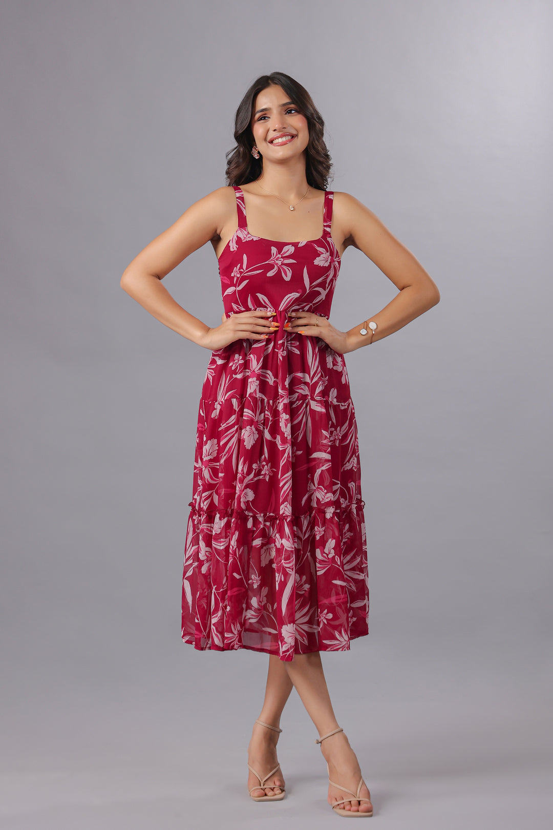 Chiffon Fit & Flare Midi Dress In Floral Print