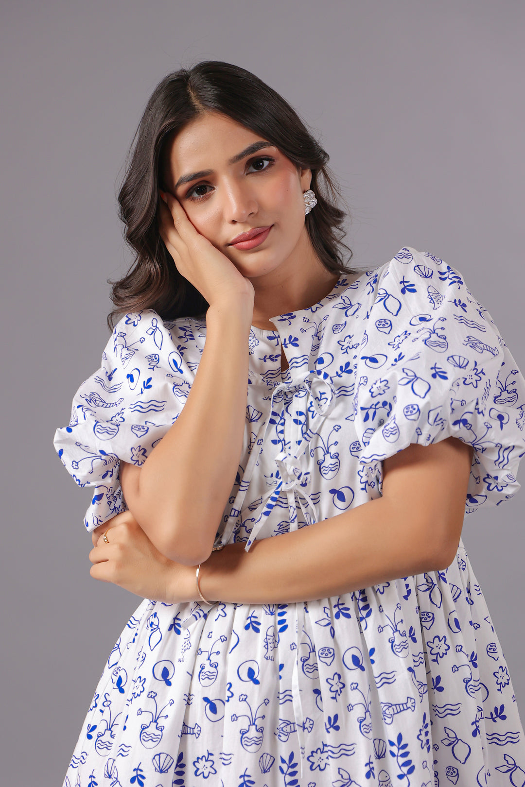Balloon Sleeve Mini Dress In Ocean Print