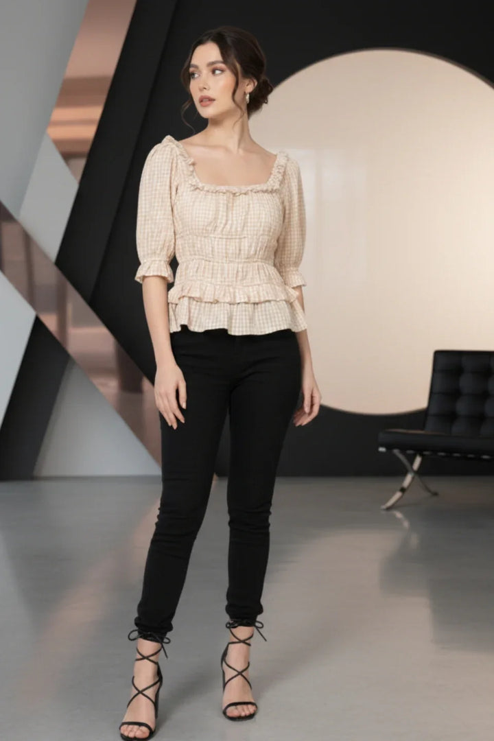 Full view of the Cotton Gingham check top, showcasing the fitted peplum hem (June 9 Clothing).