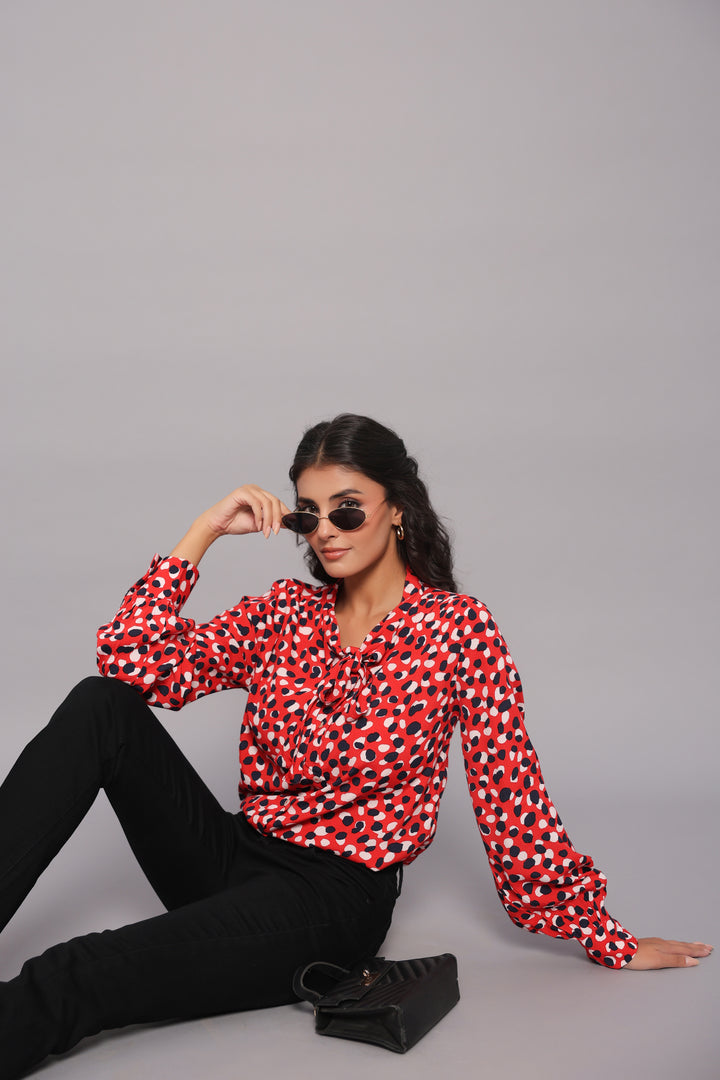 Tie-Neck Shirt In Abstract Dot Print