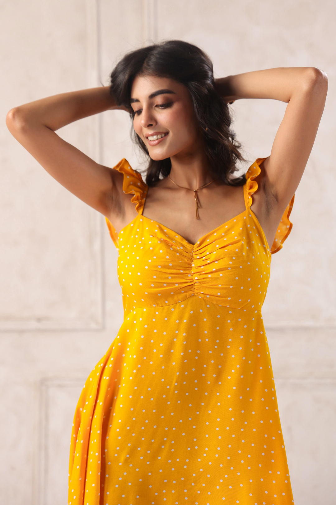 Yellow polka dot Western dress with ruffled straps and sweetheart neckline for women