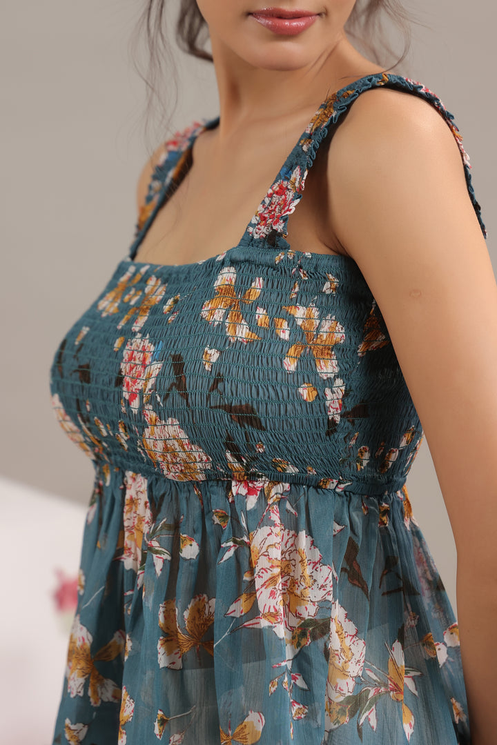 Teal Floral Print Chiffon Smocked Peplum Crop Top For Women