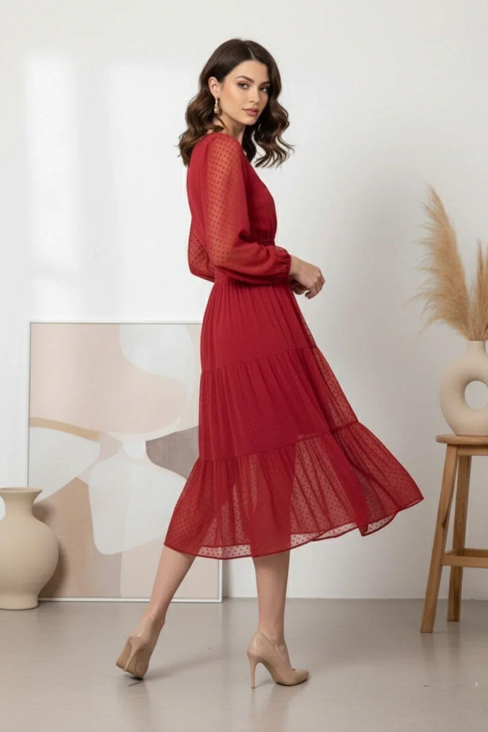 Side view of the Red Dobby Midi Dress emphasizing the bishop sleeve volume | June 9 Clothing