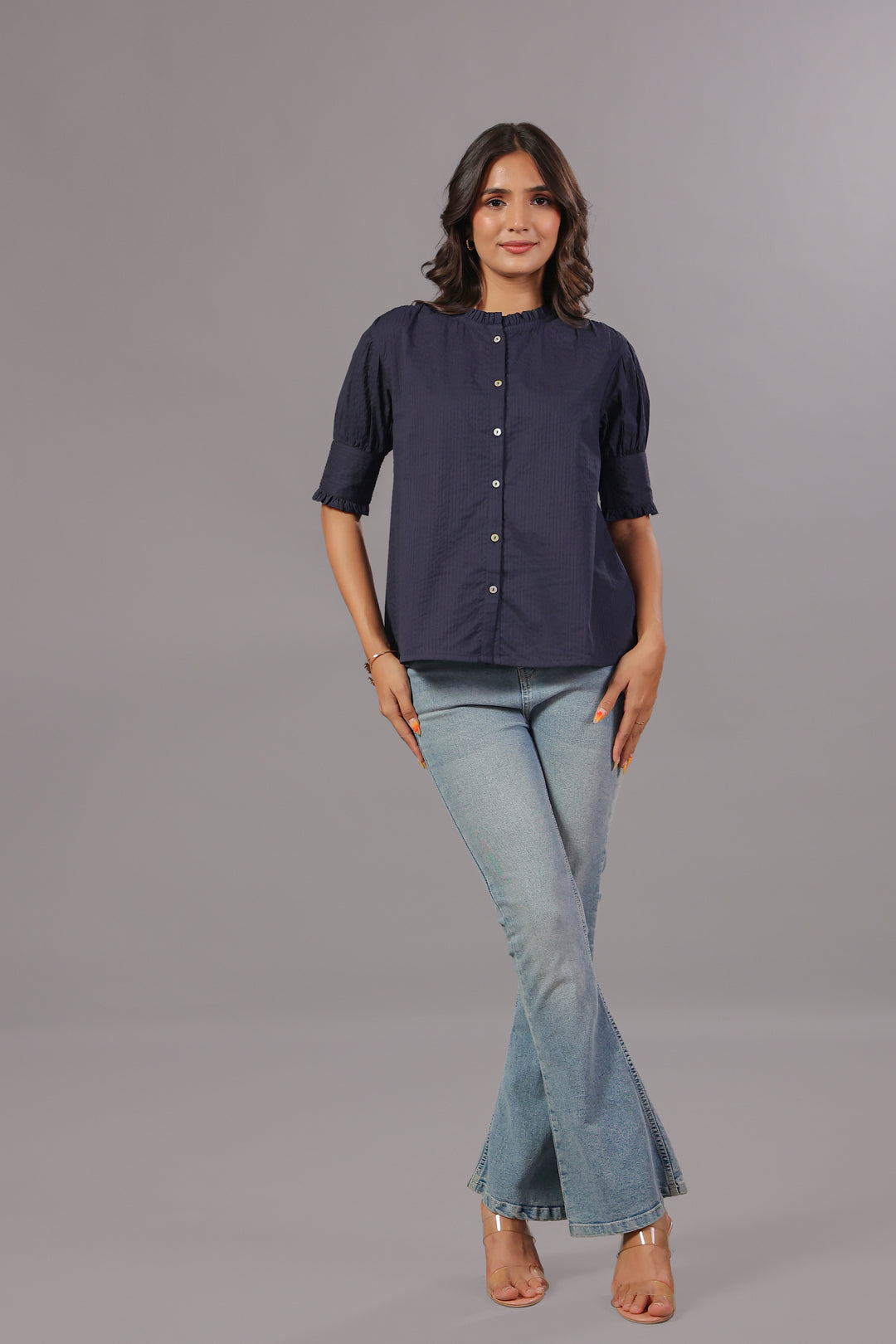 Seersucker Navy Blue Friled Shirt