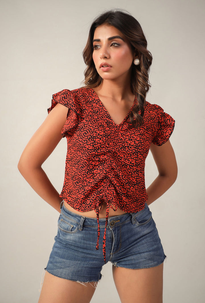 Rust Black Polka Dot Three Quater Sleeves V Neck Peplum Top