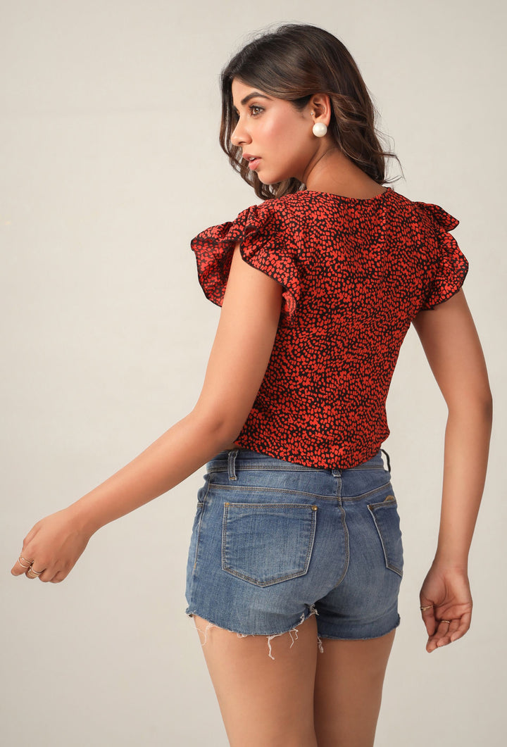 Rust Black Polka Dot Three Quater Sleeves V Neck Peplum Top