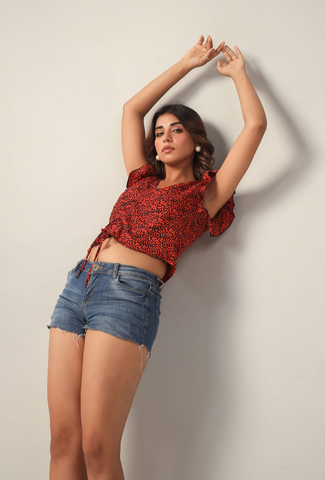 Rust Black Polka Dot Three Quater Sleeves V Neck Peplum Top