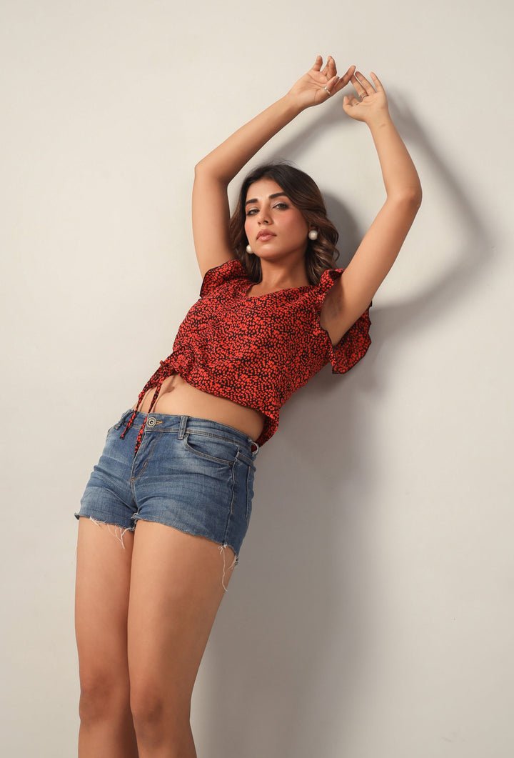 Rust Black Polka Dot Three Quater Sleeves V Neck Peplum Top