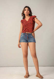 Red floral ruffle top with denim shorts, Western wear for women