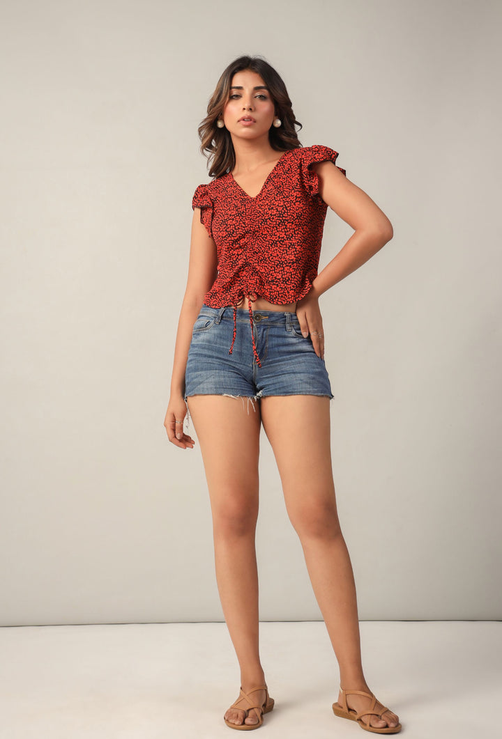 Rust Black Polka Dot Three Quater Sleeves V Neck Peplum Top