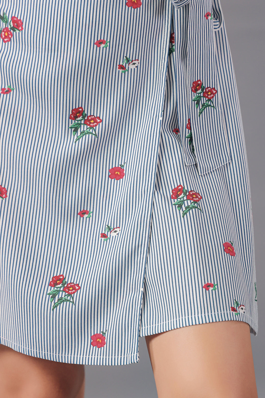 Wrap Mini Dress In Stripe and floral Print