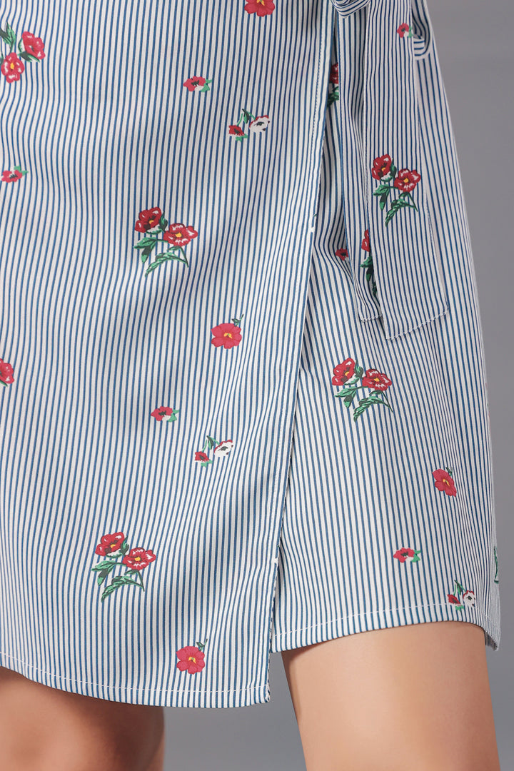 Wrap Mini Dress In Stripe and floral Print