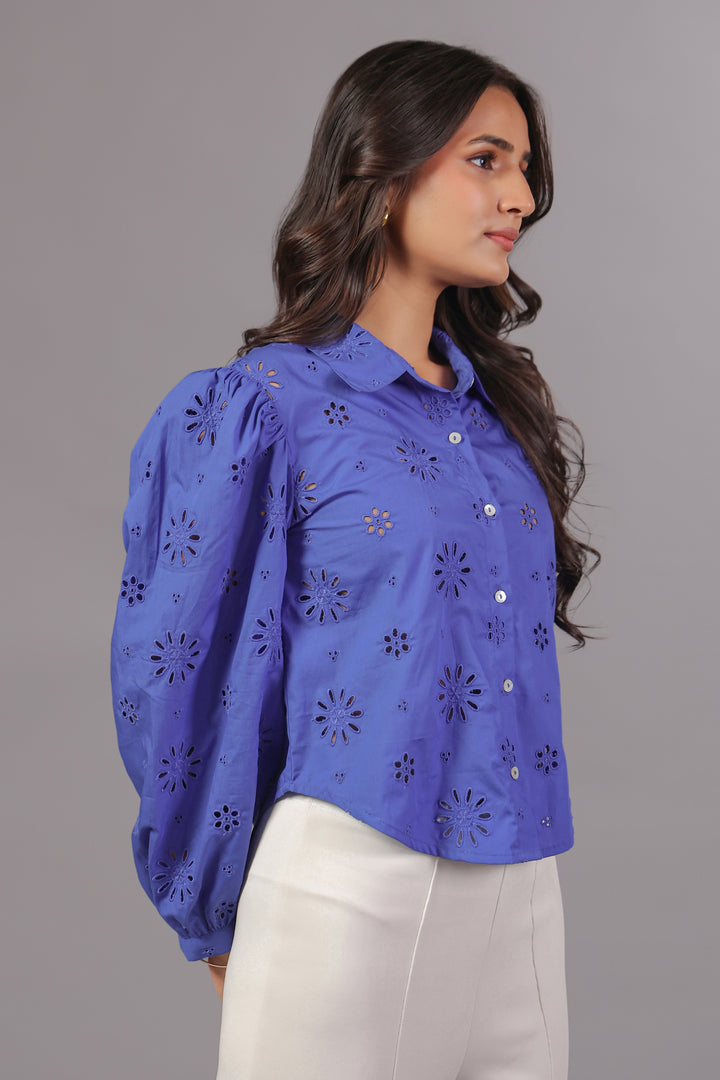 Blue Schiffli Shirt In Bishop Sleeve