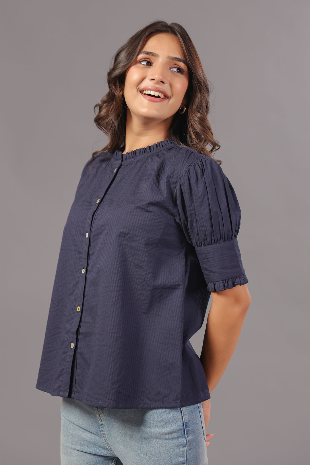 Seersucker Navy Blue Friled Shirt
