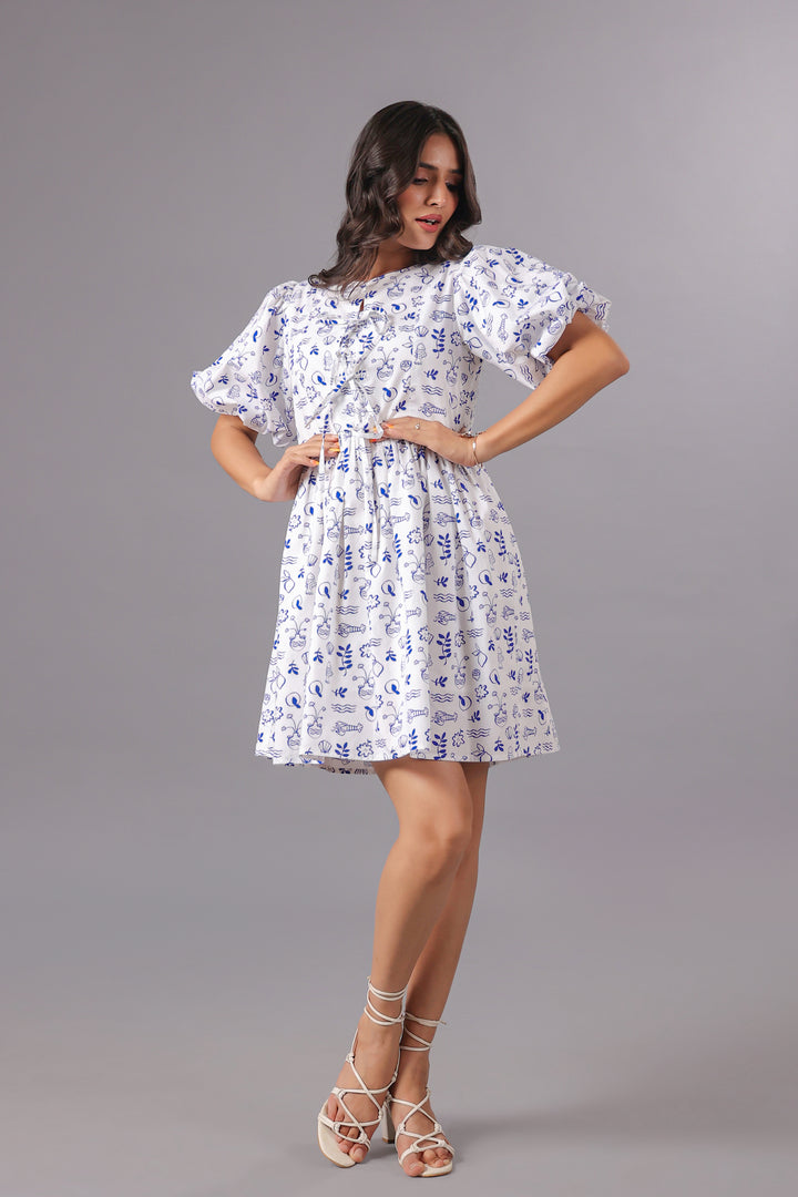 Balloon Sleeve Mini Dress In Ocean Print