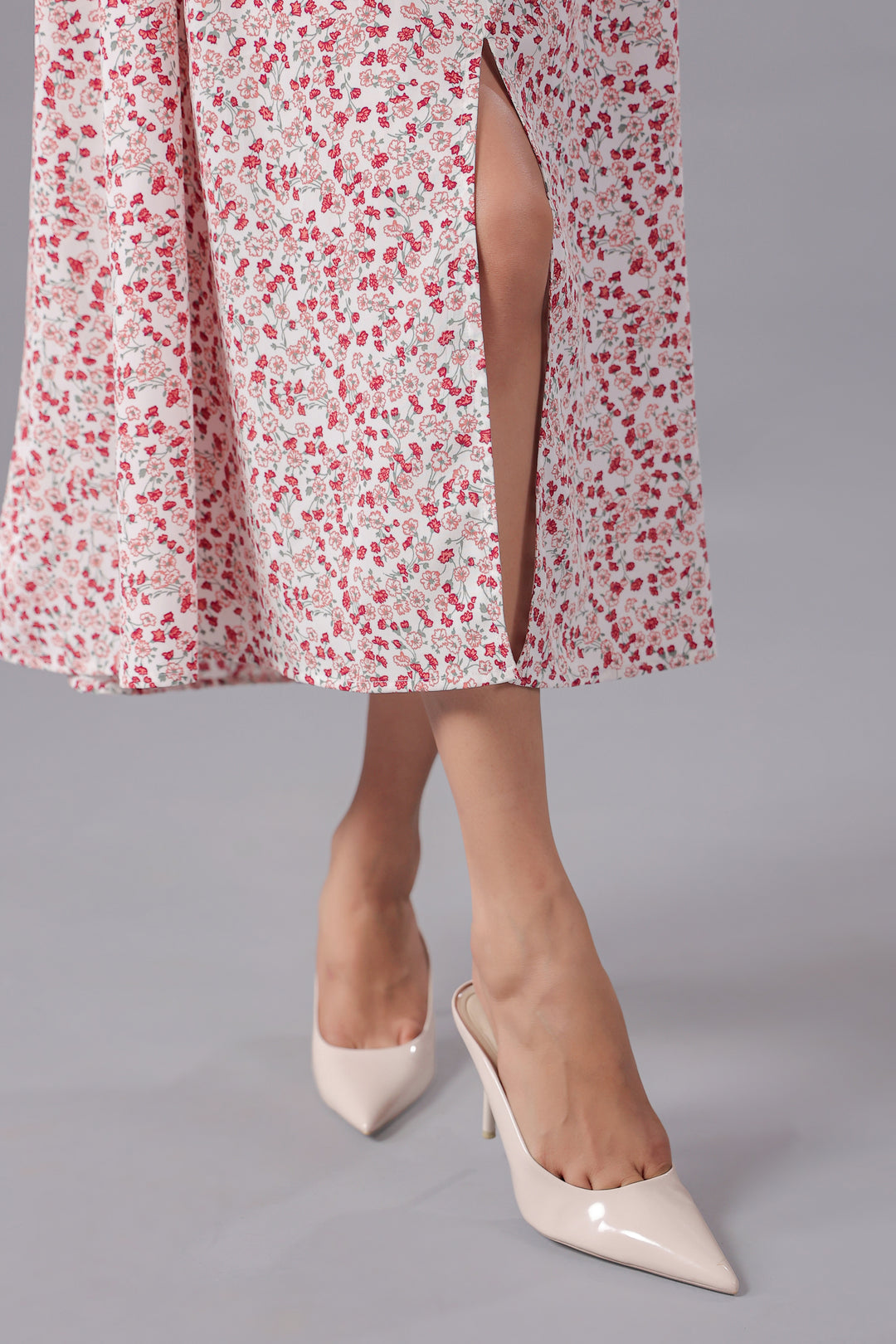 Red Floral Midi Dress With Slit in Ditsy Floral