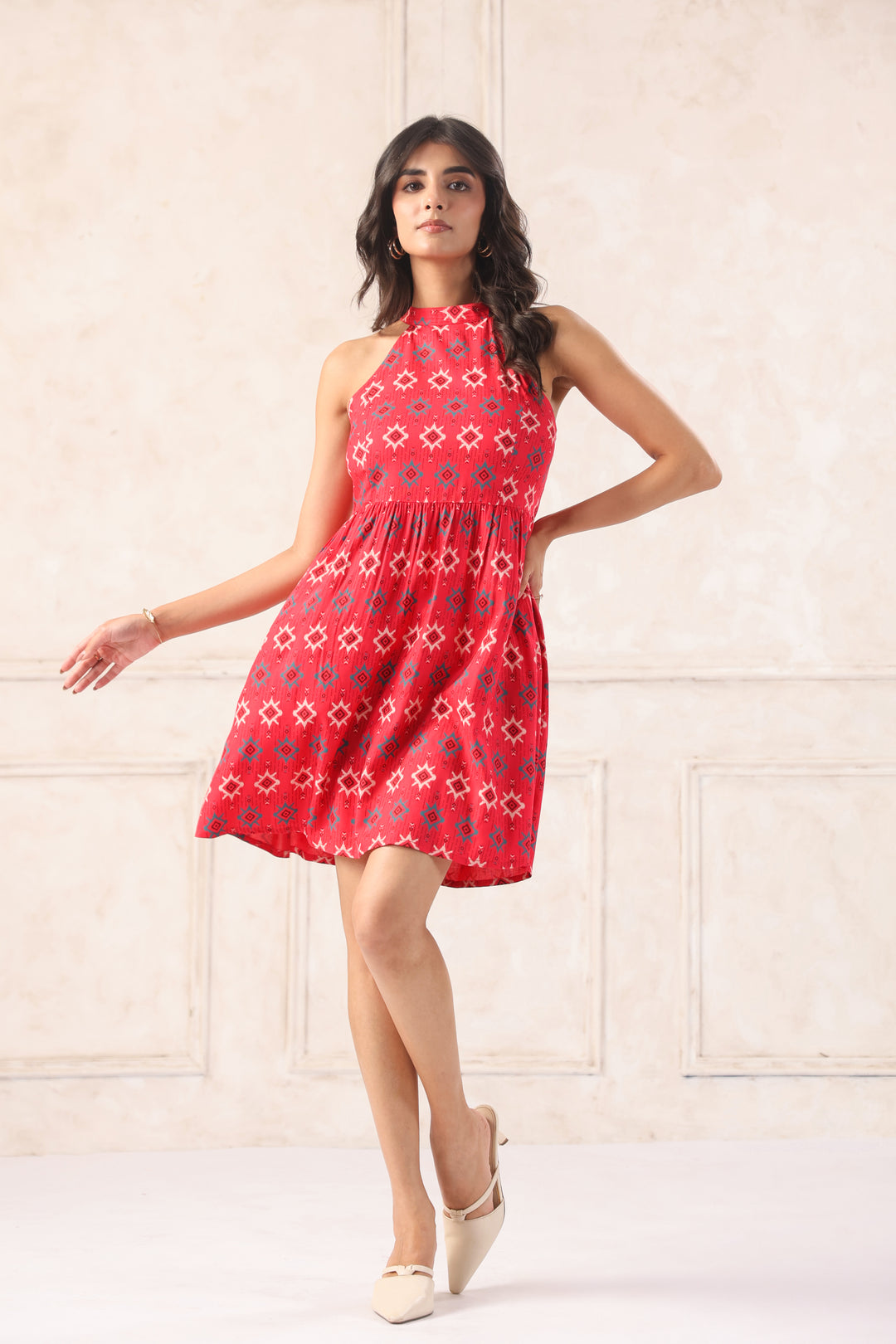 Red Mini Dress In Abstract Print