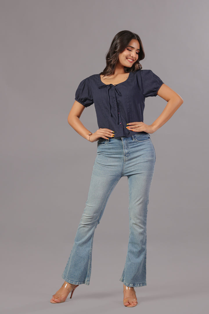 Navy Blue Tie-Neck Button Down Top