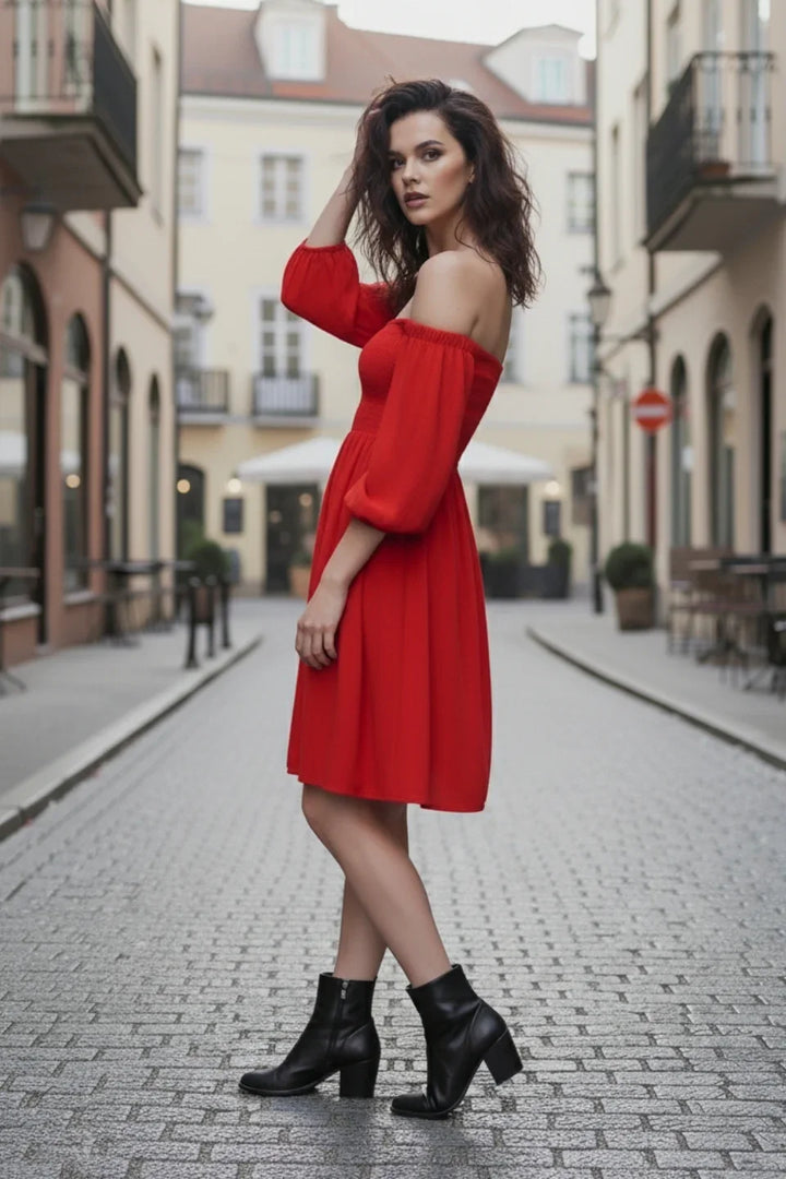 Side view of Red off-shoulder mini dress for women featuring smocked design| June 9 Clothing