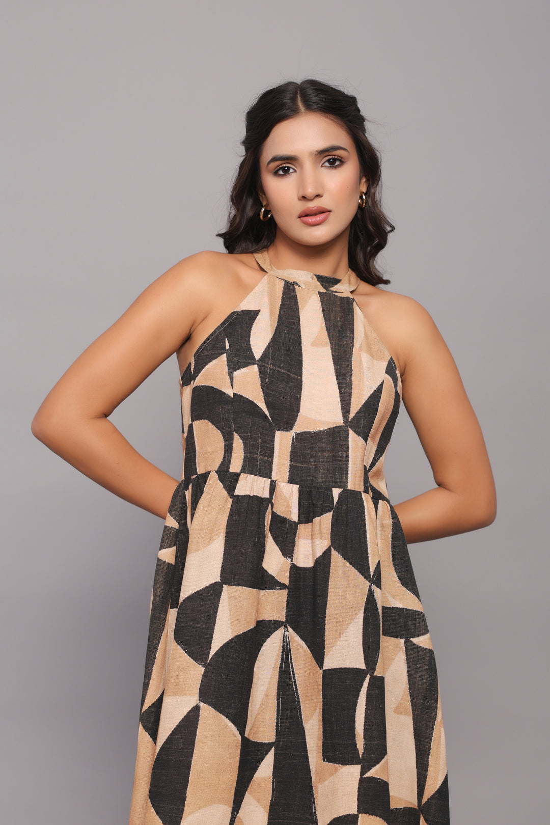 Textured Linen Geometric Print Halter Neck Summer Dress for women