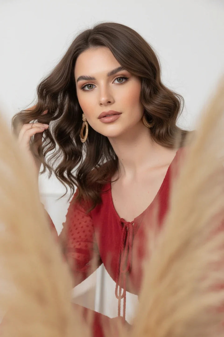 Red V-neck casual midi dress June 9 Clothing western wear collection | June 9 Clothing