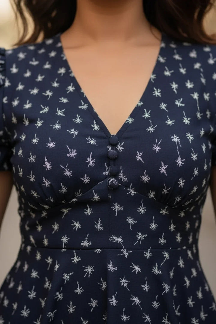 Blue Mini Dress : V-neck Dress
 