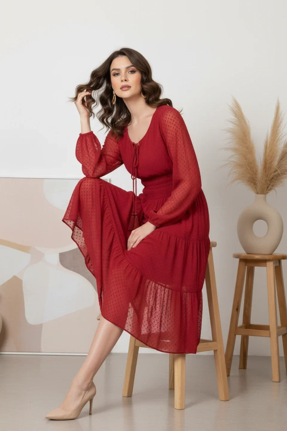 Stylish red midi dress with bishop sleeves, perfect for a chic casual look | June 9 Clothing