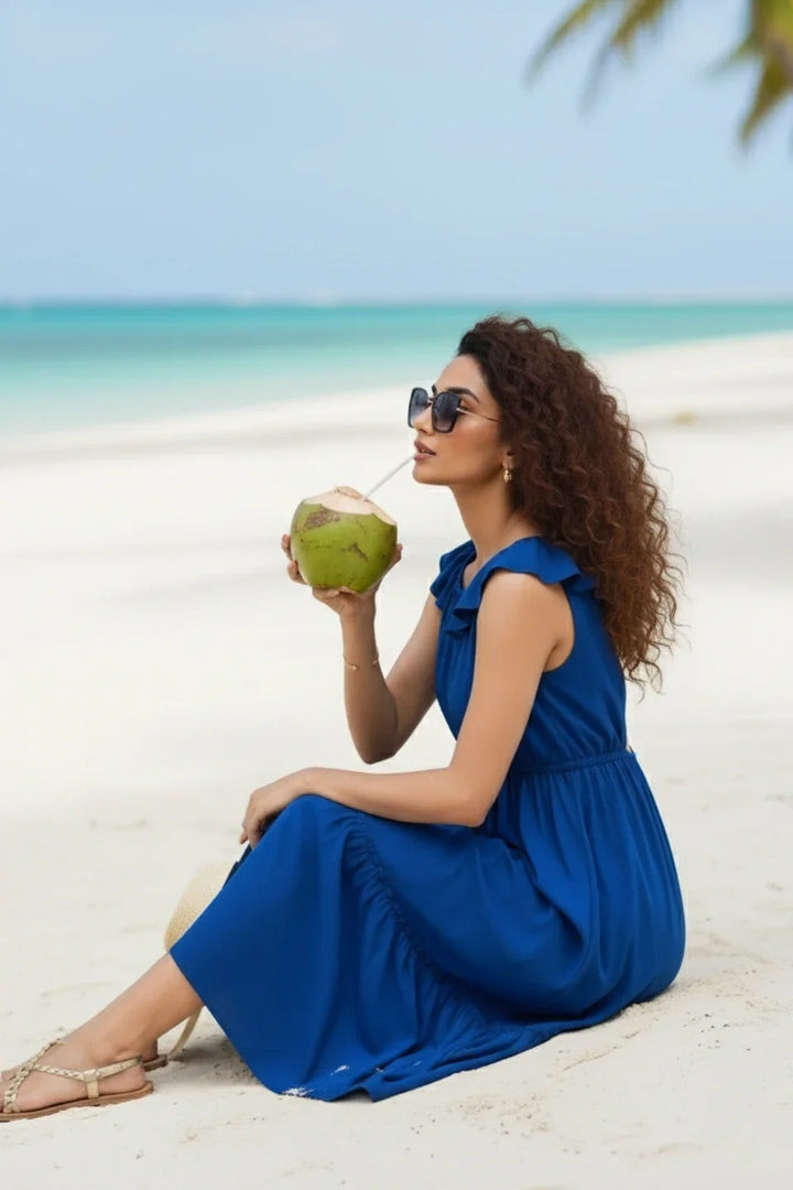 Front view of blue ruffled mini dress for women with fit and flare silhouette