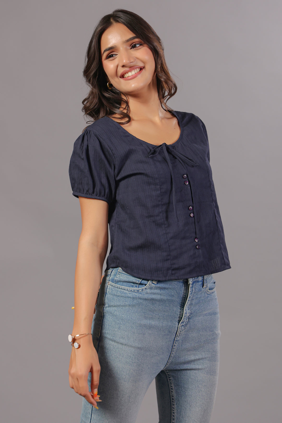 Navy Blue Tie-Neck Button Down Top
