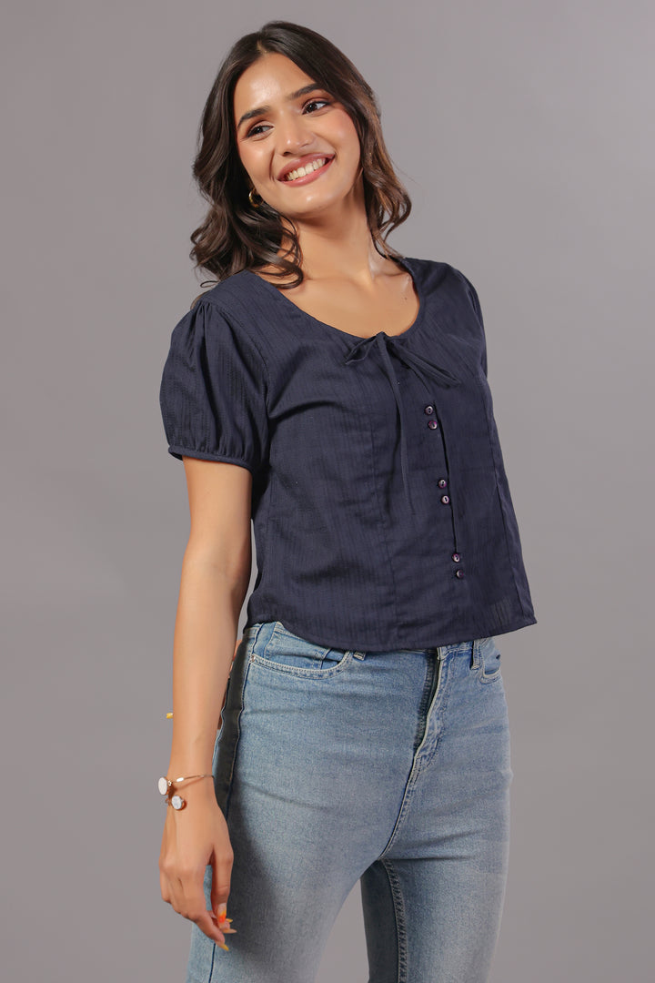 Navy Blue Tie-Neck Button Down Top