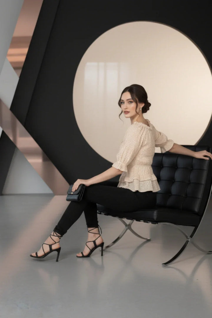 Beige checkered peplum top with elegant 3/4 poet sleeves, Western Wear by June 9 Clothing.