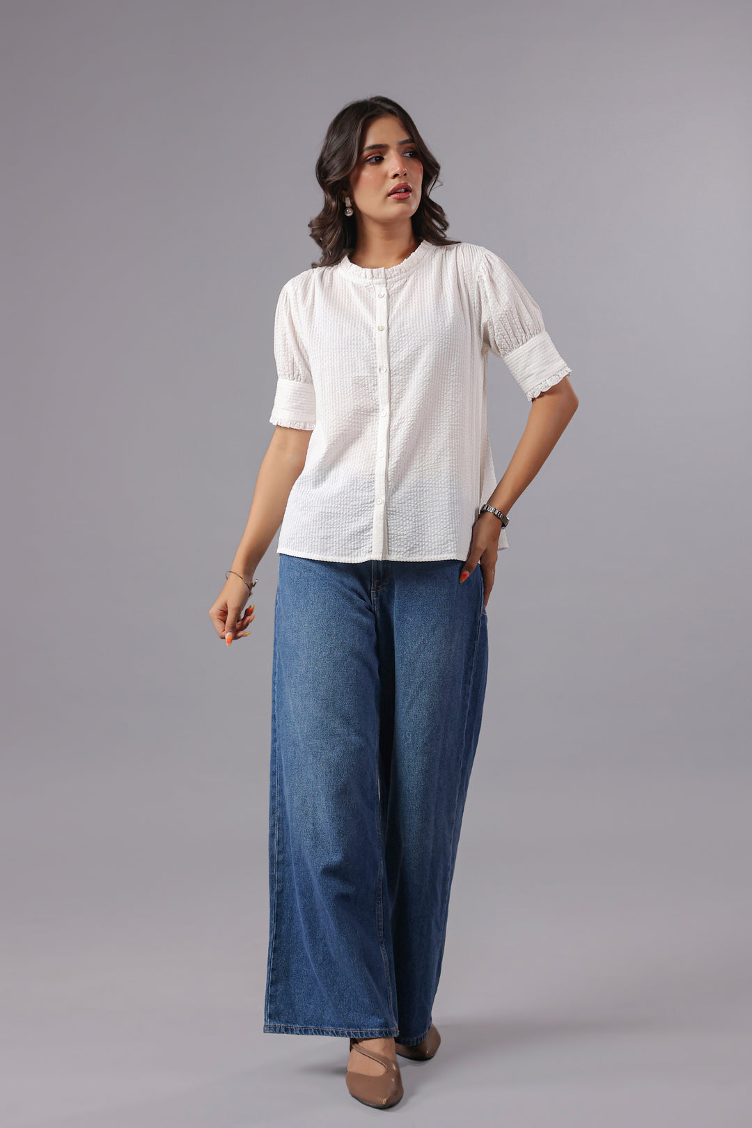 Seersucker White Friled Shirt