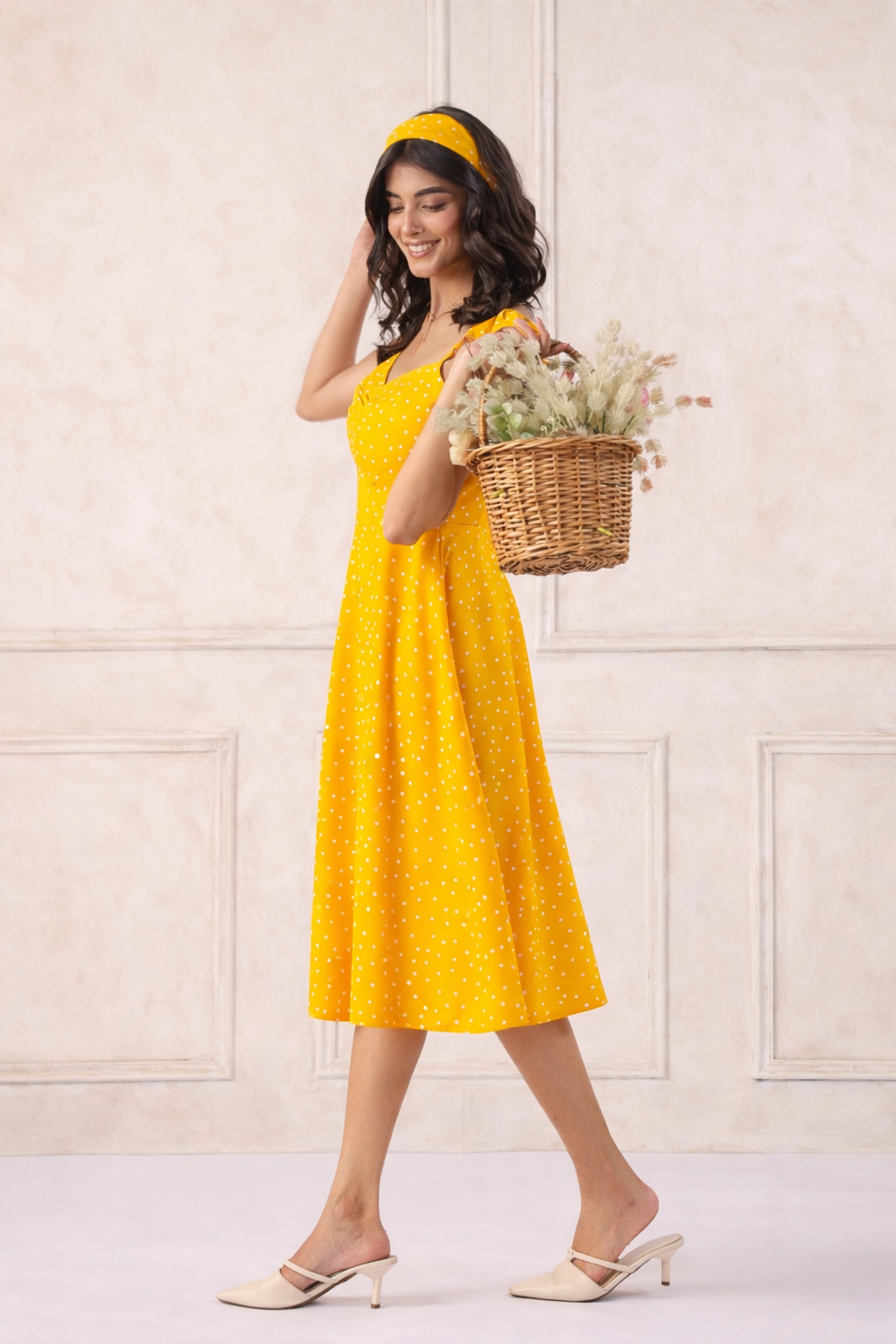 Yellow Polka Dot Midi Dress for Women | Sleeveless Brunch Dress India June 9 Clothing Yellow Polka Dot Midi Dress for Women | Sleeveless Brunch Dress India June 9 Clothing