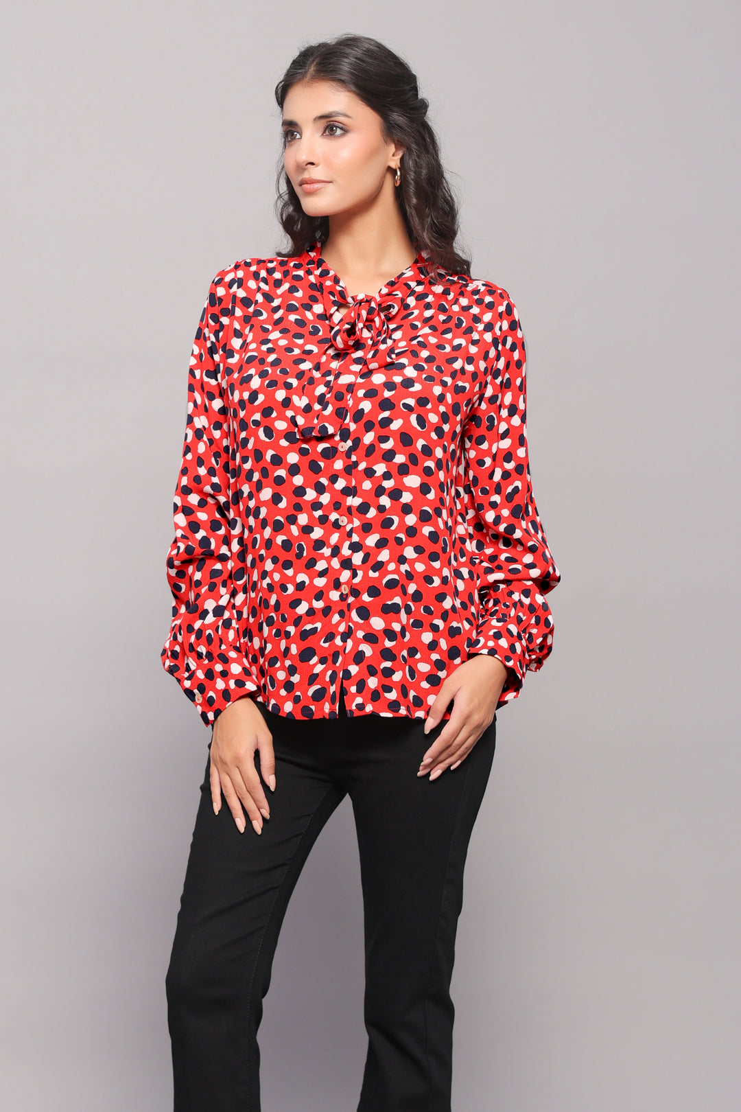 Tie-Neck Shirt In Abstract Dot Print