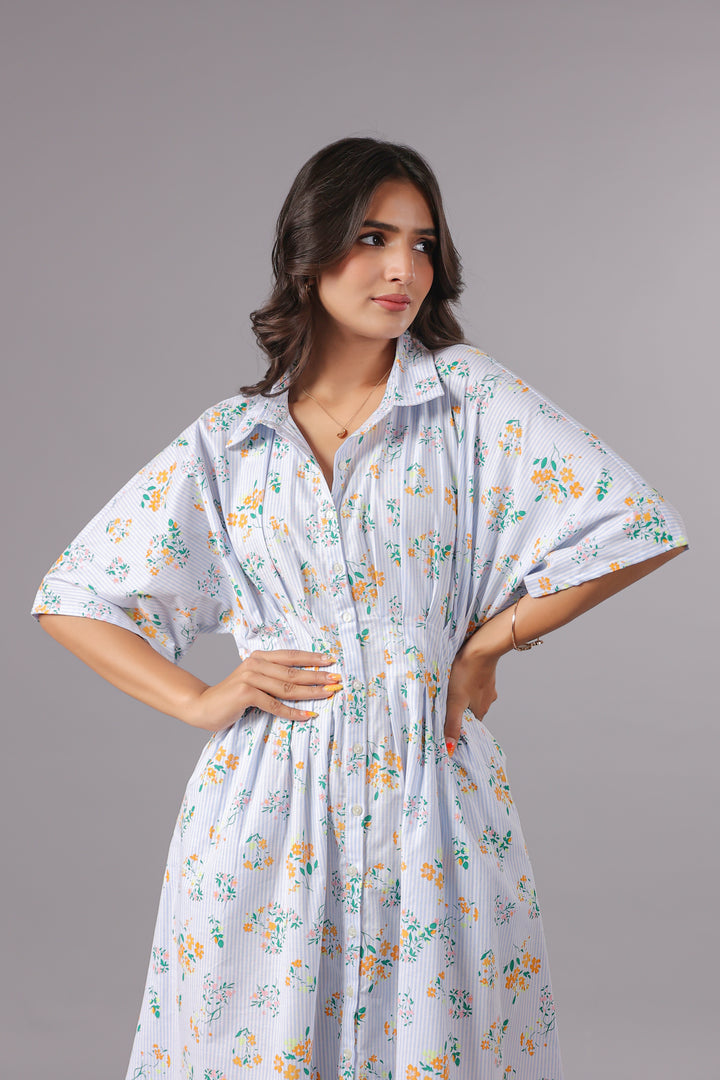Shirt Dress In Yarn Dyed Stripe With Floral Print