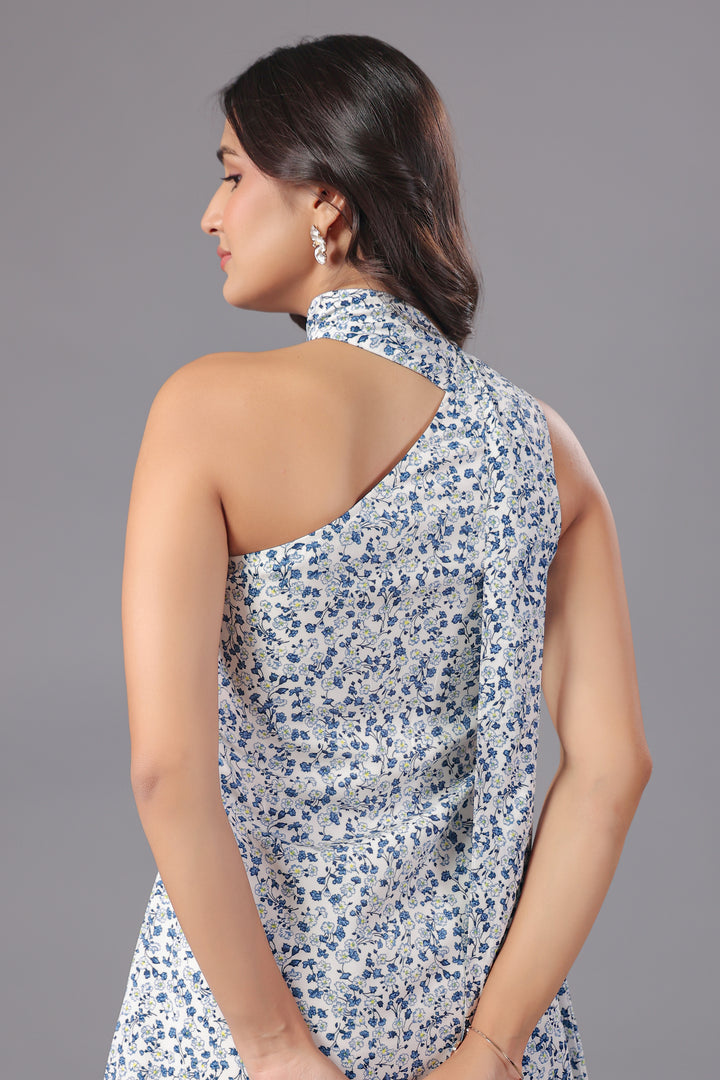 Disty Floral One Shoulder Mini Dress With Scarf