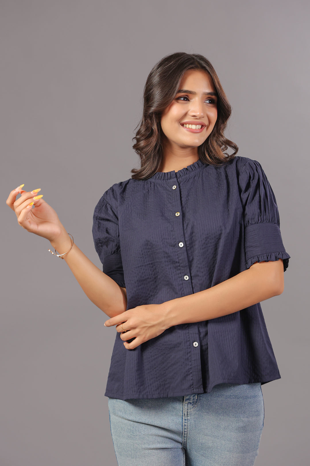 Seersucker Navy Blue Friled Shirt