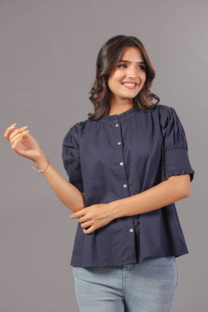 Seersucker Navy Blue Friled Shirt