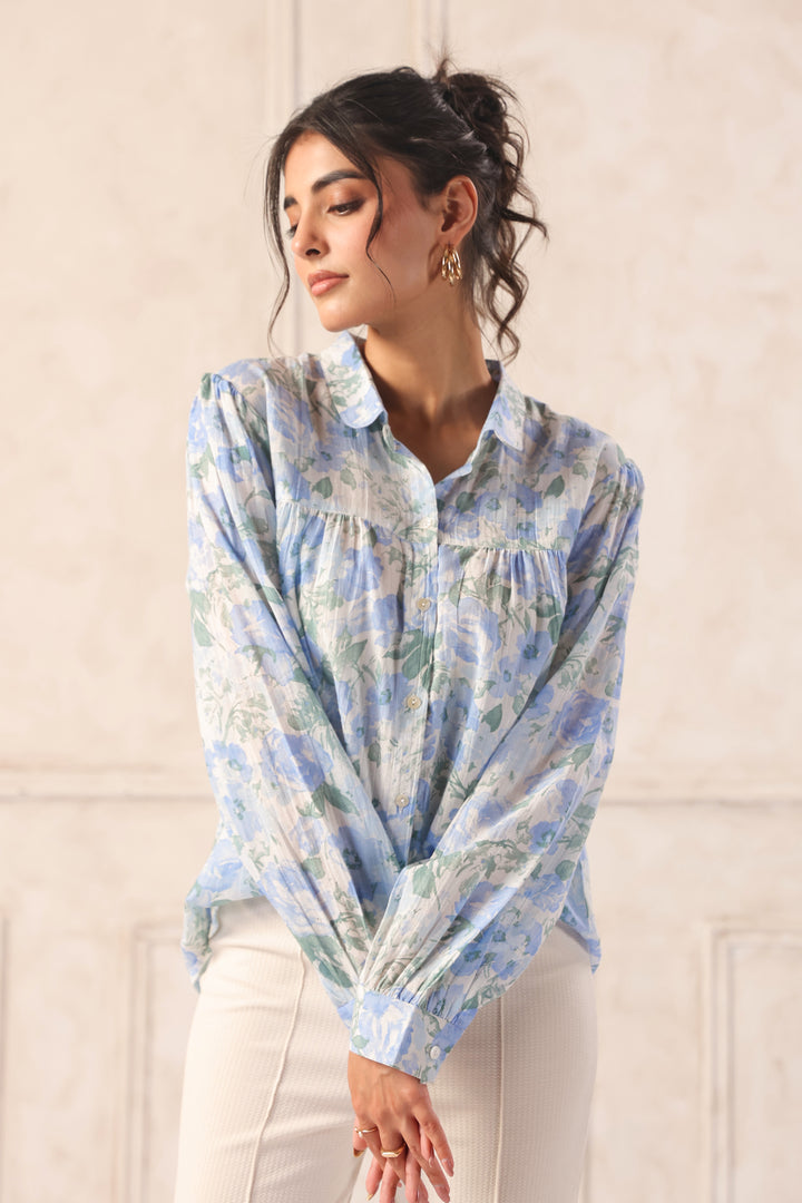 Blue floral blouse with puff sleeves, chic Western wear for women