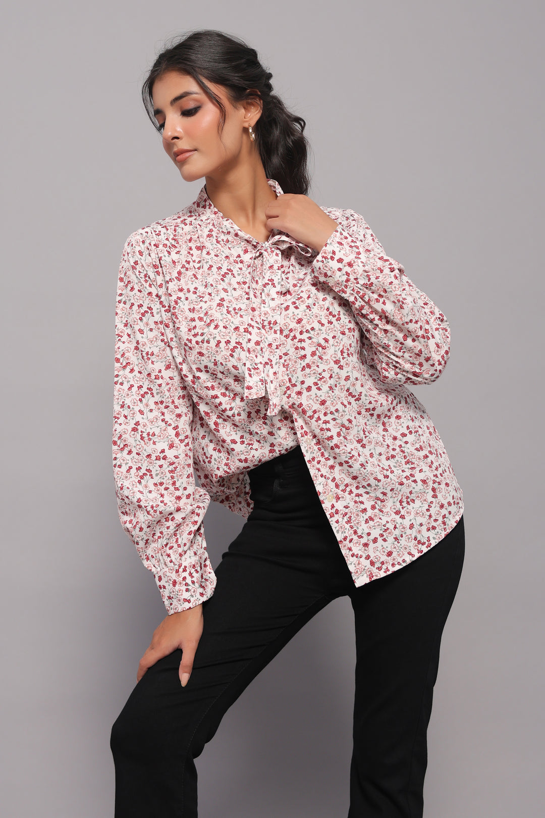 Tie-Neck Shirt In Ditsy Floral Print