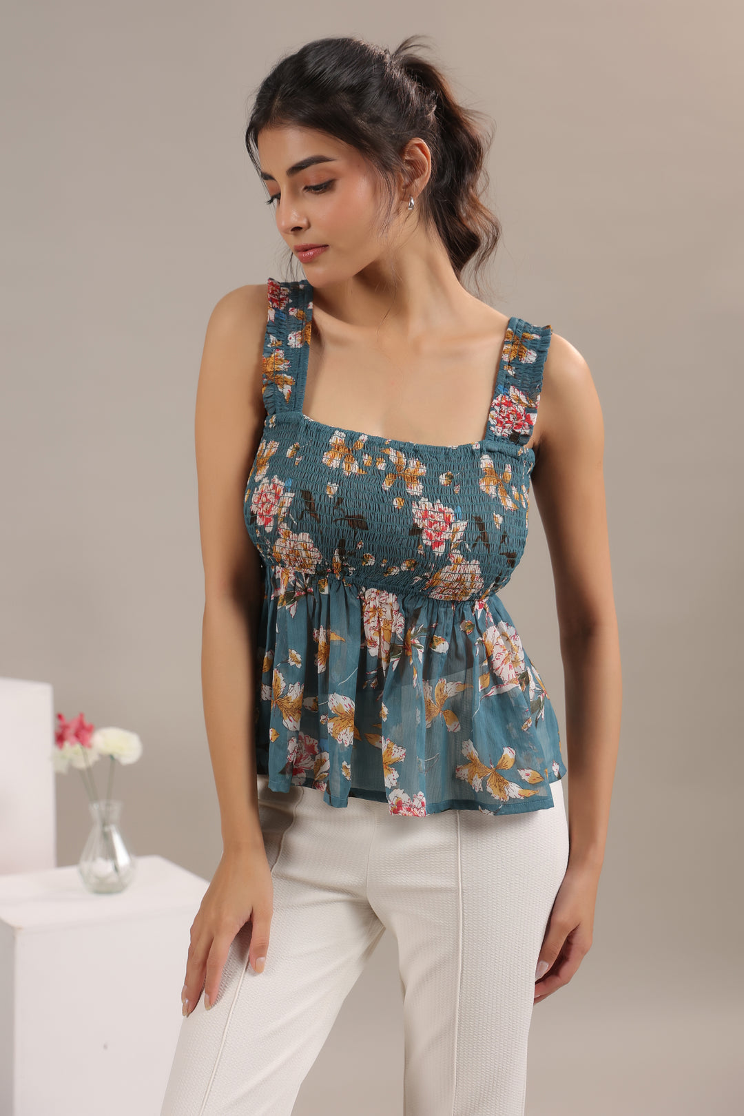 Teal Floral Print Chiffon Smocked Peplum Crop Top For Women
